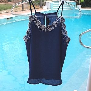 E&M, Strappy Scalloped Top, 100% Polyester,  Dark Blue w White Stitching, Medium